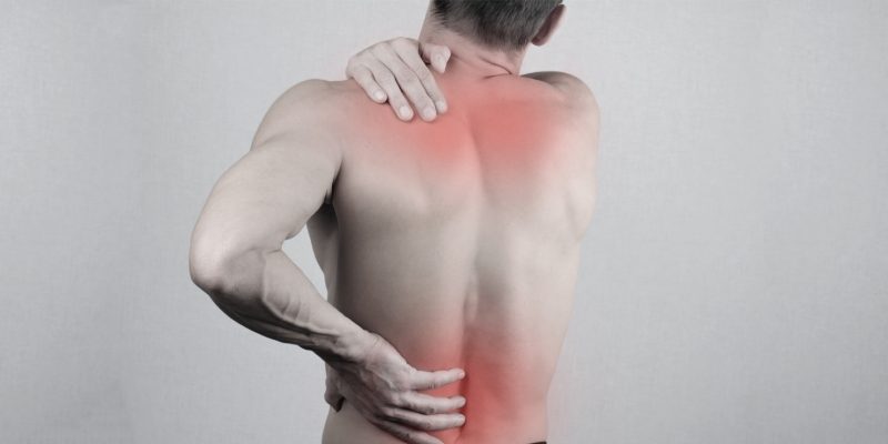 A person with their back facing us, they are holding the base of their back with one hand and the top with the other hand, these areas have been highlighted in red to indicate they are painful.