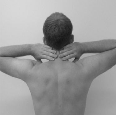 Each hand placed behind the neck