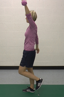 Standing on one leg and lift your opposite hand above your head
