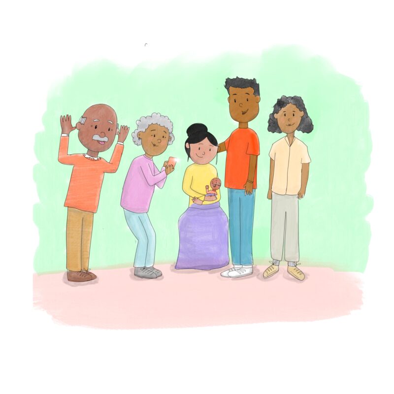 image of five family members meeting new born baby 