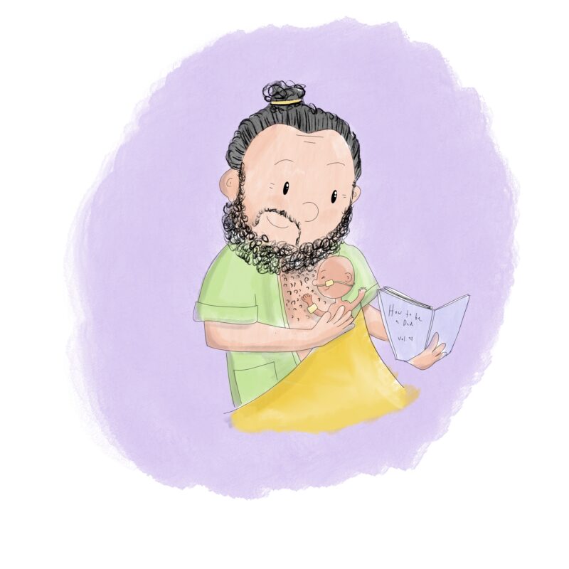 Cartoon image of a father reading to his baby whilst in skin to skin