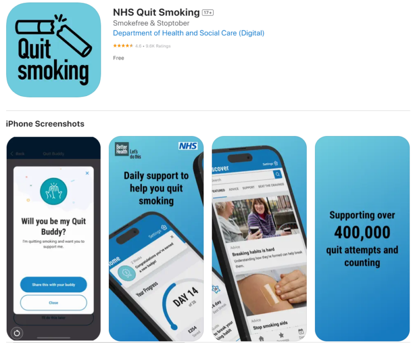 iPhone screenshots of the NHS quit smoking app. Daily support to help you quit smoking. Supporting over 400,000 quit attempts and counting.