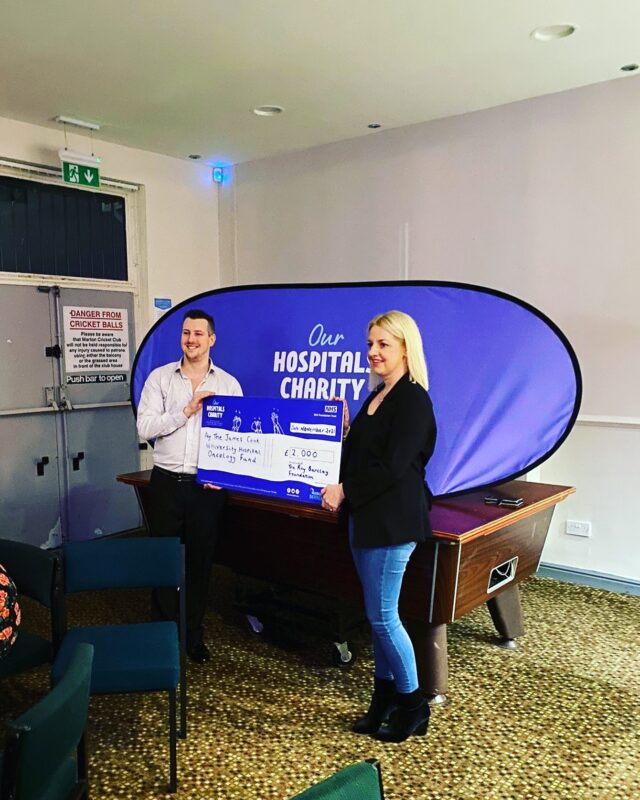 Mick Barclay with Our Hospitals Charity Manager, Lisa Meehan accepting cheque