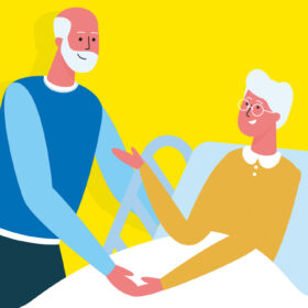 A illustration of a visitor at a patient's bedside