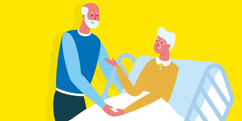 A illustration of a visitor at a patient's bedside