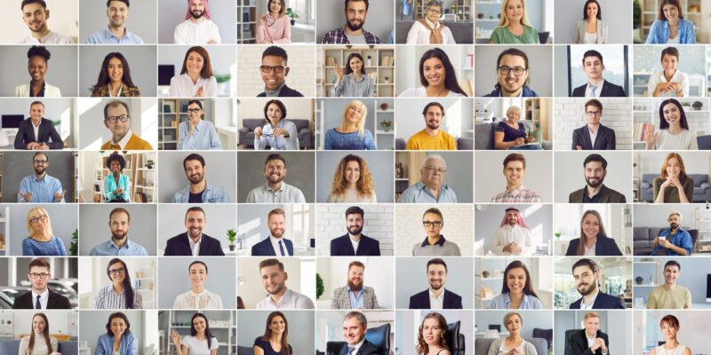 Collage of happy multicultural business people. Human face database. A collection of portraits of images of men and women in one image.