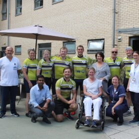 Horatio’s Cycle Team (left to right): Rebecca Caplan joined her daughter, Olivia Caplan, for the Middlesbrough leg, along with the rest of the team including Toby Morgan-Grenville, Mortimer McKechnie, Martin Gill (the team’s coordinator), Robin Butler and Titus Chapple (kneeling) who are pictured with Team GB Event Rider Nicola Wilson, who recently sustained a spinal cord injury, and staff at James Cook