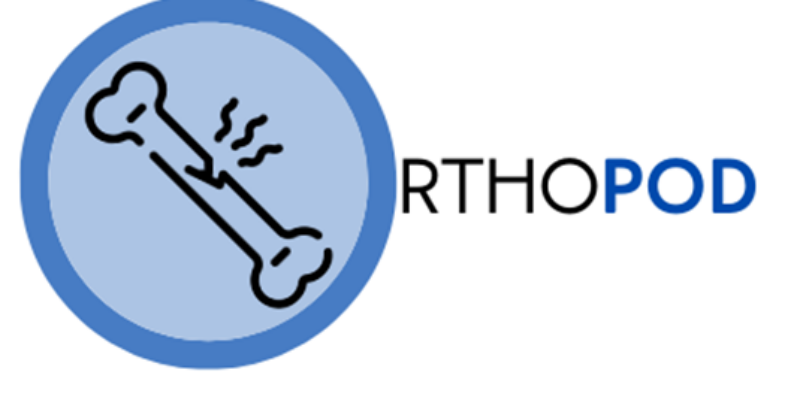 A picture of a bone inside a large blue circle used as the letter O in Orthopod.