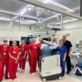 The Friarage theatre team with the new orthopaedic robot.