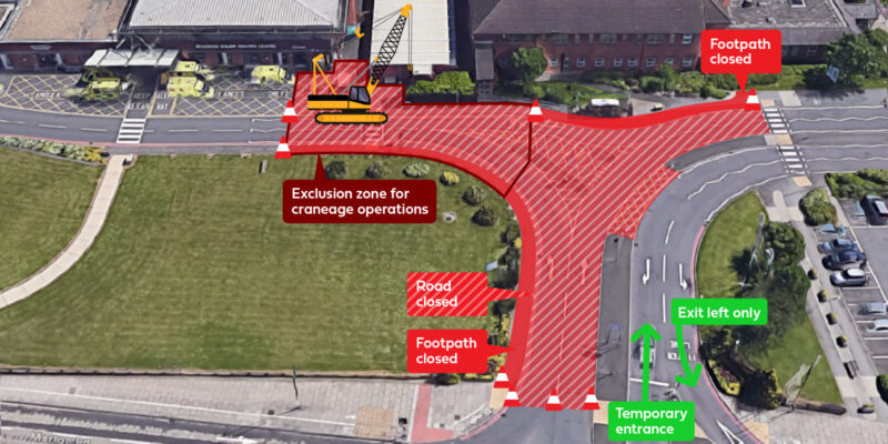 Road closure map showing no left turn at main James Cook entrance